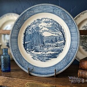 Royal Currier & Ives Blue Transferware "The Homestead in Winter" Platter